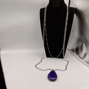 Sheila Fajl Long Silver Tone Blue Stone Teardrop‎ Pendant Necklace Boho 44 inch